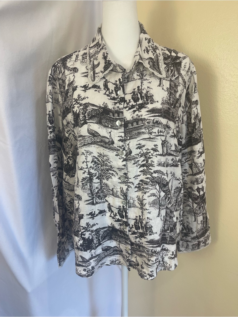 Laura Ashley 100% Linen Scenic Toile Button Down Shirt L Lace Cottagecore NWT